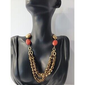 Vintage Boho Beaded Multi Strand Necklace Gold Tone Red Bronze Tone Accent Layer
